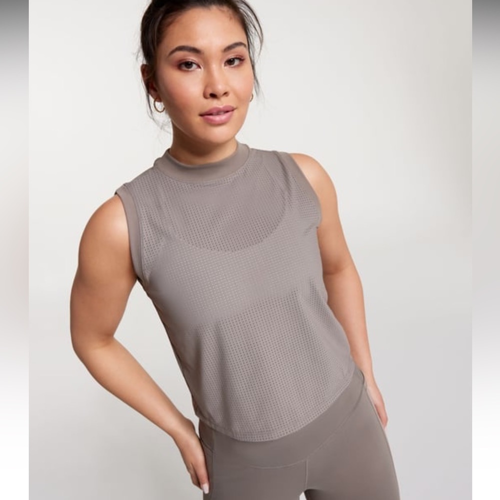 Calia, Open Mesh Mock Neck Tank, Dark Grey/Brown, Small